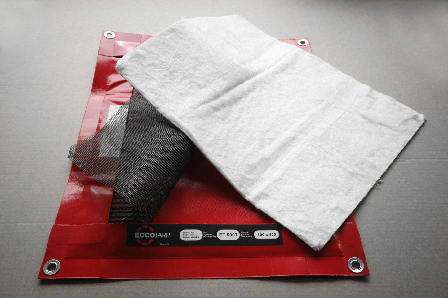 ECCOTARP hopfällbar droppuppsamlingsbricka utbytbart absorbentfoder ET 500 P ET 1000 P ET 1400 P dropptråg kemikalieresistent PVC PES PVC 680 g/m² skyddsgaller universal absorbentinsats hydrofob kemisk lining absorption 1-7 liter småläckage olja vatten farliga vätskor verkstad underhåll hängöglor transportpåse engångsabsorptionsinsatser slitstark oljebeständig ögla fastsättning vindskydd verktygsrengöring maskinläckage industriell spillhantering.