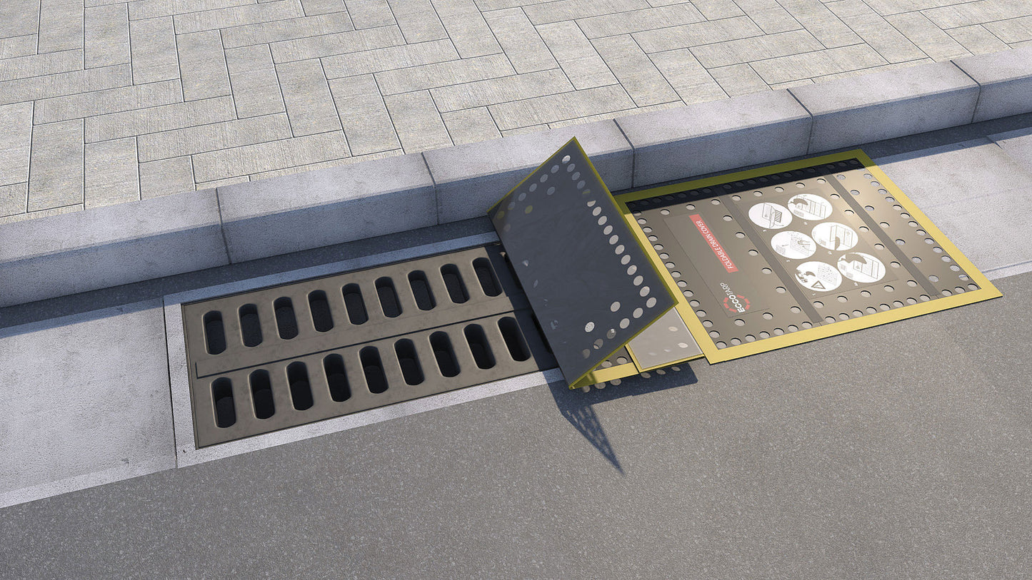 ECCOTARP Foldable Drain Cover FDC hopfällbar brunnlock FDC 01 magnetisk brunnstäckning kemikalieresistent dräneringsskydd snabbt miljöskydd läckage farliga ämnen stål galler plast avlopp horisontell ristning sidogaller kompatibel magnetisk isotrop folie 0.9 mm flexi PUR folie 0.06 mm PES PVC folie tryckskillnadstätningsprincip hydrostatic adhesion oregelbunden yta återanvändbar vikbar kompakt transport väderbeständig oljeprodukter syror baser temperatur -20°C till +60°C 750x630 mm 1.5 kg transportpåse spill