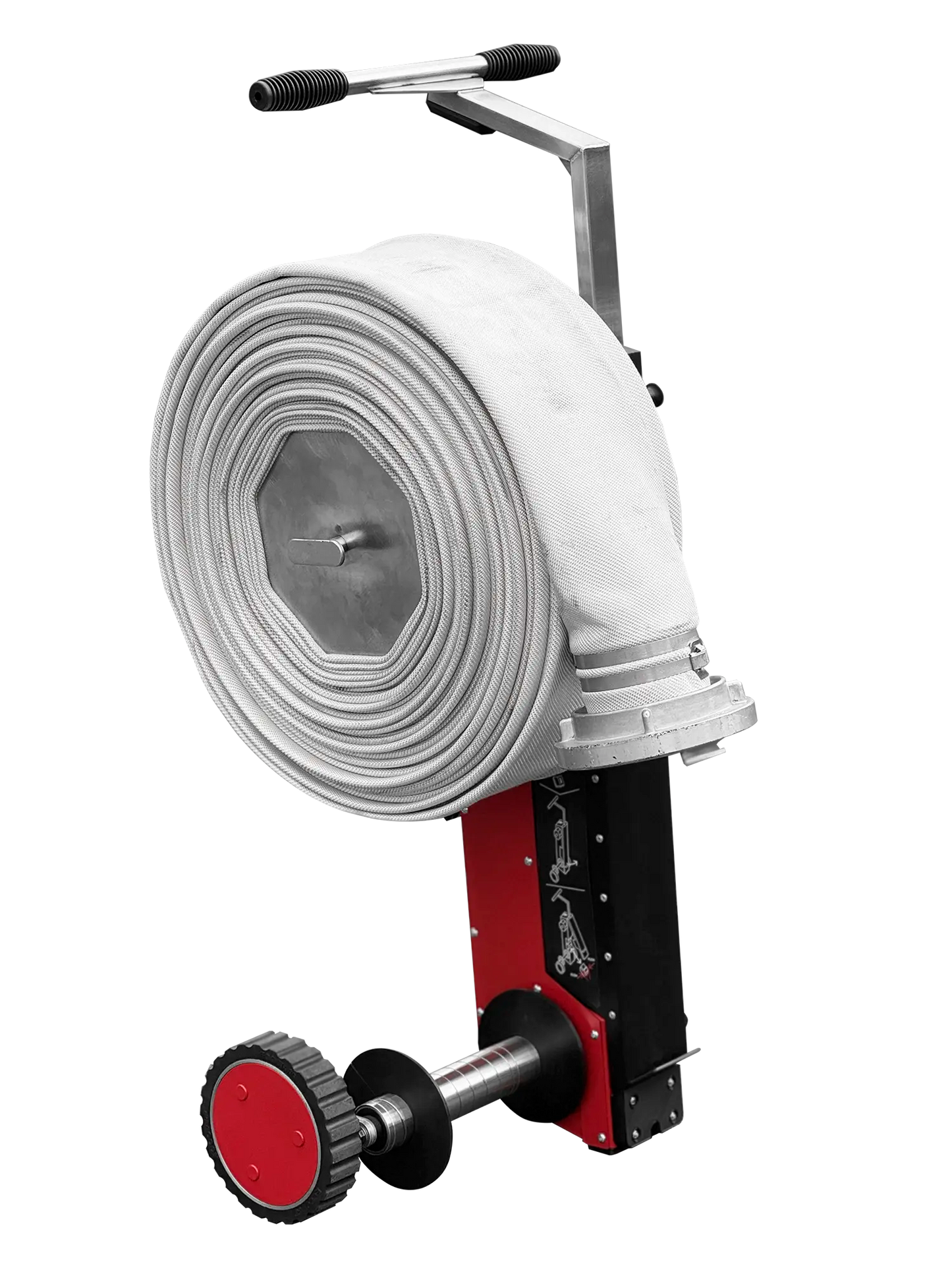 ECCOTARP ET-Roller 6 elektrisk slangrulle brandslangrulle batteridriven hopfällbar 660W motor två Milwaukee M18 batterier slang upp till 5 tum A B C D slangtyper snabb vikning våta torra slangar tömning reverse funktion robust stålram pulverlackerad galvaniserad stabiliserande chassi teleskopiskt handtag quick-release bärare DRUM FORK slangskydd säkerhetsgräns mjukstart omedelbart stopp vibrationssäker dammtät vattentät industrihjul kompakt transport 480x360x1230 mm vikt 36.5 kg backsaver effektiv slanghant