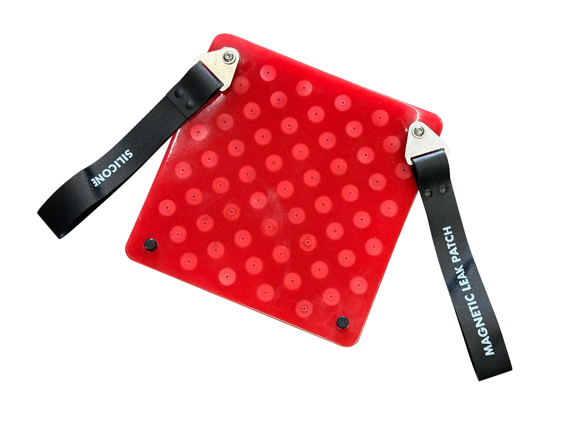 ECCOTARP Magnetic Leak Patch Silicone MLP SIL magnetisk läckplåster silikon ultratålig addition-härdad silikonelastomer extrem värmetålighet -100°C till +320°C hög kemikalieresistens alkaliska ämnen utspädda syror oxidanter alkohol glykoler vegetabiliska animaliska oljor fett UV-resistent ozon frost livsmedelssäker farmaceutisk industri lackverkstäder laboratorium snabbt tryck 17 kg konkava konvexa ytor patenterad magnetinkapsling ratchetremssystem transportväska Teflon-ark kemikalieboost 300x300x16 mm MLP 