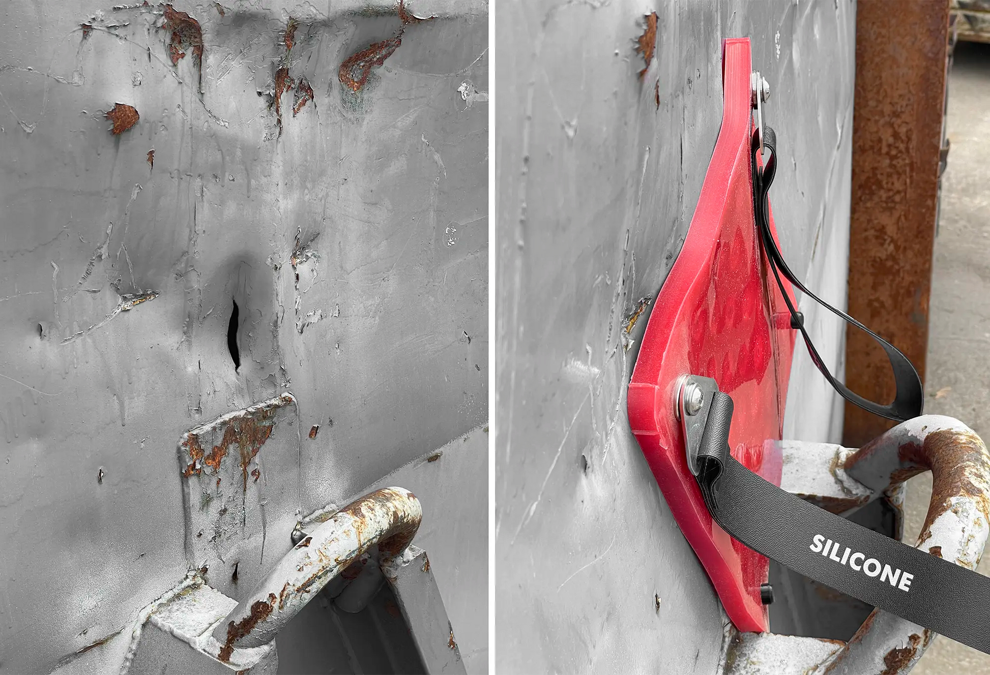 ECCOTARP Magnetic Leak Patch Silicone MLP SIL magnetisk läckplåster silikon ultratålig addition-härdad silikonelastomer extrem värmetålighet -100°C till +320°C hög kemikalieresistens alkaliska ämnen utspädda syror oxidanter alkohol glykoler vegetabiliska animaliska oljor fett UV-resistent ozon frost livsmedelssäker farmaceutisk industri lackverkstäder laboratorium snabbt tryck 17 kg konkava konvexa ytor patenterad magnetinkapsling ratchetremssystem transportväska Teflon-ark kemikalieboost 300x300x16 mm MLP 