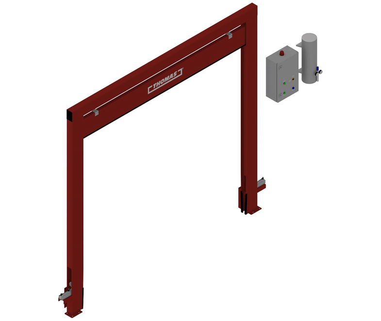 Automatiska släckvattenbarriärer Thomas Sys Tech FM Approved TÜV certifierad släckvattenbarriär brandsäker barriär kemikaliebeständig tätning PTFE PPA pulverlackerad RAL 3000 flammande röd korrosionsskydd elektropneumatisk styrning tryckluftslagring helautomatisk aktivering brandlarm potentialfri brytarkontakt optisk indikering grön röd akustisk varning nöddrift nödtillbrygga sänkta försäkringspremier FM Global VdS certifierad industriell barriär farligt gods lager logistikcenter lastkaj produktionsanläggni