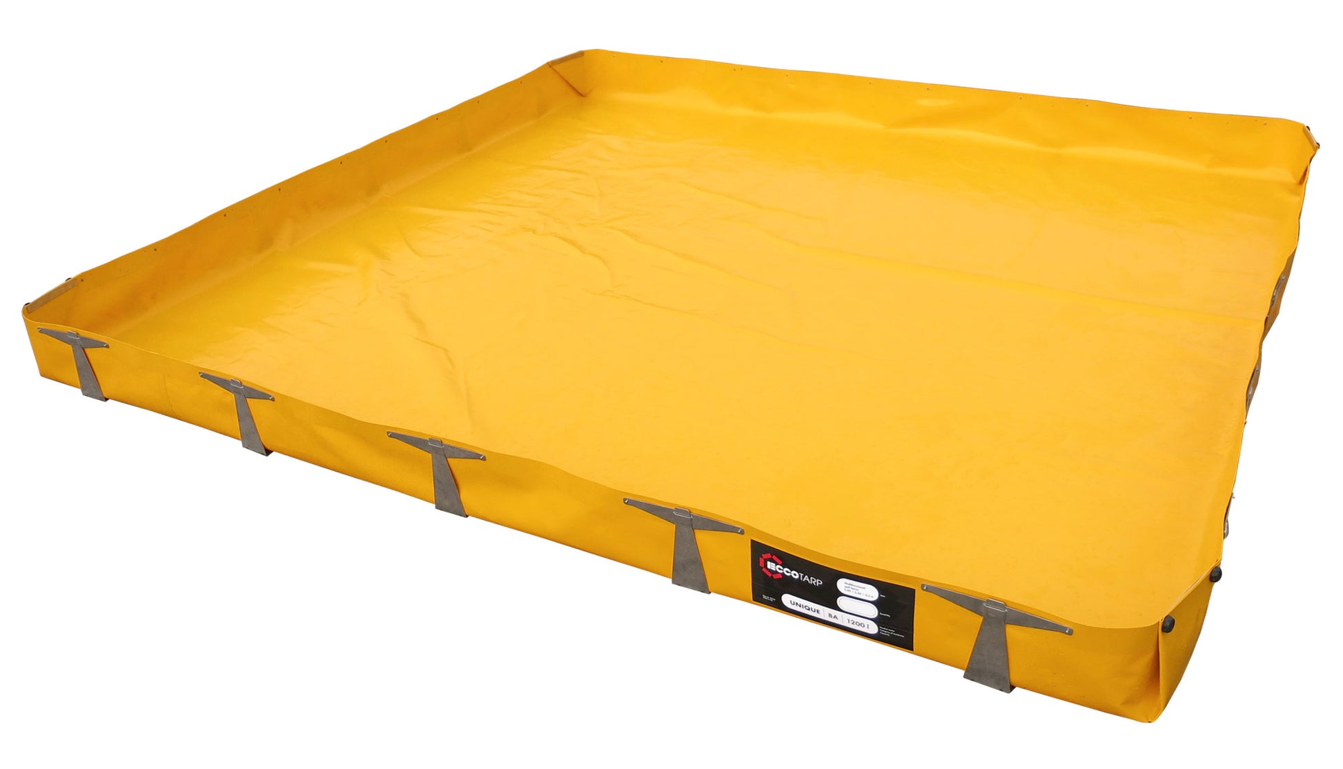 ECCOTARP hopfällbar spillbund UNIQUE skräddarsydd spillbund industrihallar läckage farliga ämnen kemikalier tankar containrar rör fat decontaminationsberm maskiner fordon tvåstegsmontering anpassningsbar storlek materialval brandresistens mekaniskresistens kemikalieresistent antistatisk rostfritt stål galvaniserat stål Quick-Lock väggstöd stabiliserande sidostöd dräneringshål kulventil platt yta tvättbar industriproduktion lagerhallar enkel montering måttanpassad spillberm hållbar industriell spillhantering