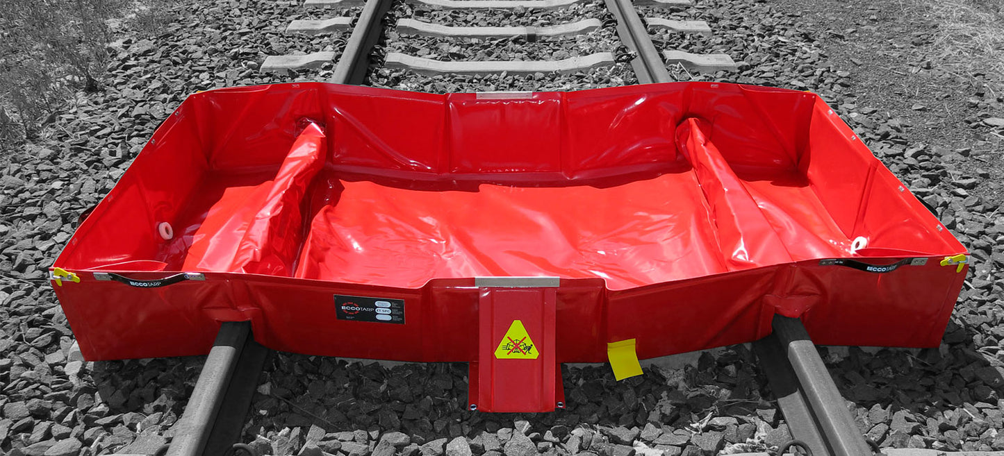 ECCOTARP hopfällbar spillbund RAIL järnvägsspillbund tågspillskydd kollapsibel spillbund spårvidd 1435 mm miljöskydd järnvägsolycka räddningstjänst järnvägsstation depå tankvagnar läckageskydd snabbt montering enkel hantering maximal belastning 200 kg volym 800 liter sidostöd stabilitet 3 dräneringshål GEKA PLUS 1 sidohandtag vikbar tvättbar självstödjande PES PVC 680 g/m² olje- syrabeständig -30°C till +70°C sidoförstärkningar hörnvikning transportvänlig.