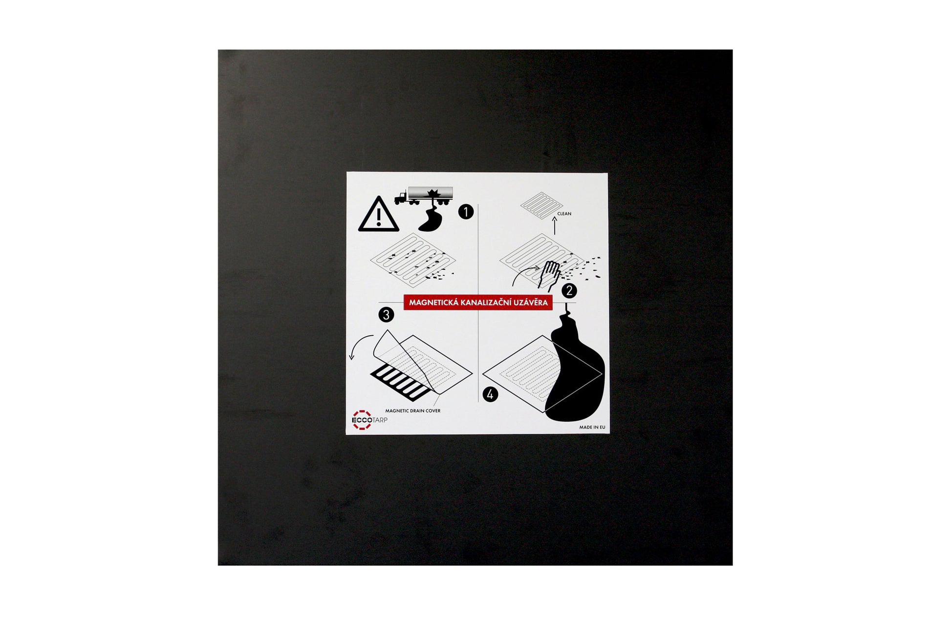 ECCOTARP Magnetic Drain Cover MDC magnetisk brunnlock MDC 01 MDC 02 MDC 03 MDC 04 kemikalieresistent avloppstäckning magnetfilm strontiumferrit klorinerad polyeten 510x510 mm 600x600 mm 1000x1000 mm 0.9 mm tjocklek 0.8-3.3 kg väderbeständig oljeprodukter utspädda syror baser -20°C till +80°C hydrostatic adhesion platt yta stål avlopp snabbinsats återanvändbar väggställ förvaring miljöskydd industriell sanering akut respons.

