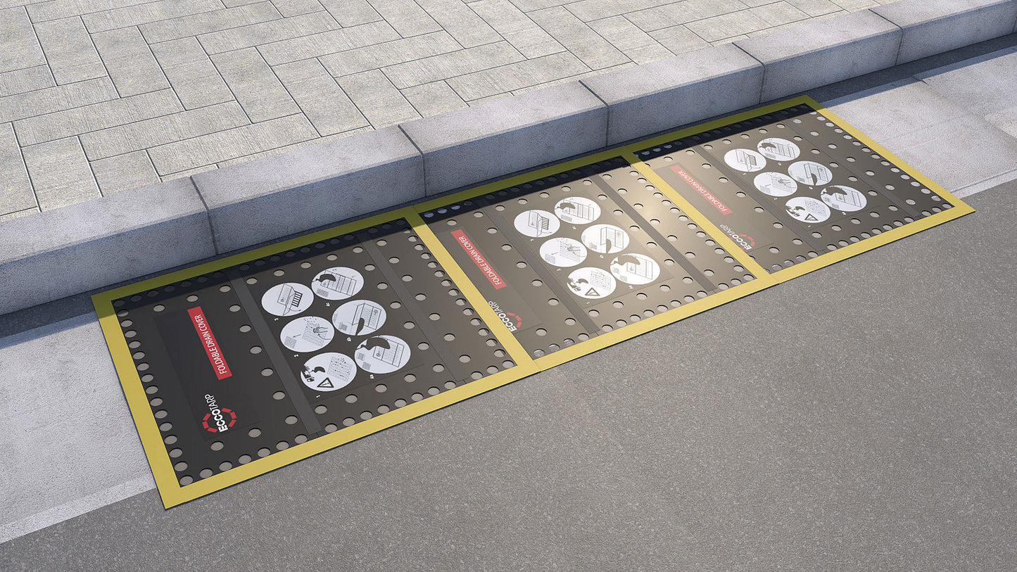 ECCOTARP Foldable Drain Cover FDC hopfällbar brunnlock FDC 01 magnetisk brunnstäckning kemikalieresistent dräneringsskydd snabbt miljöskydd läckage farliga ämnen stål galler plast avlopp horisontell ristning sidogaller kompatibel magnetisk isotrop folie 0.9 mm flexi PUR folie 0.06 mm PES PVC folie tryckskillnadstätningsprincip hydrostatic adhesion oregelbunden yta återanvändbar vikbar kompakt transport väderbeständig oljeprodukter syror baser temperatur -20°C till +60°C 750x630 mm 1.5 kg transportpåse spill