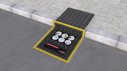 ECCOTARP Foldable Drain Cover FDC hopfällbar brunnlock FDC 01 magnetisk brunnstäckning kemikalieresistent dräneringsskydd snabbt miljöskydd läckage farliga ämnen stål galler plast avlopp horisontell ristning sidogaller kompatibel magnetisk isotrop folie 0.9 mm flexi PUR folie 0.06 mm PES PVC folie tryckskillnadstätningsprincip hydrostatic adhesion oregelbunden yta återanvändbar vikbar kompakt transport väderbeständig oljeprodukter syror baser temperatur -20°C till +60°C 750x630 mm 1.5 kg transportpåse spill