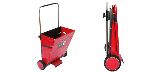 ECCOTARP hopfällbar dispenservagn SDC-03 Plus vikbar sorbentvagn pulverabsorbent dispensering oljeläckage kemikalieläckage justerbar spridningsbredd 440 mm max kapacitet 65 liter hopfällbar transport 190 mm bred kemikalieresistent material magnetisk ankare magnetisk spridplatta fotkontroll AISI 304 rostfritt stål industrihjul vibrationssäker rotationsskopa jämn spridning justerbart handtag 750-1300 mm kompakt förvaring räddningstjänst industri akut respons.

