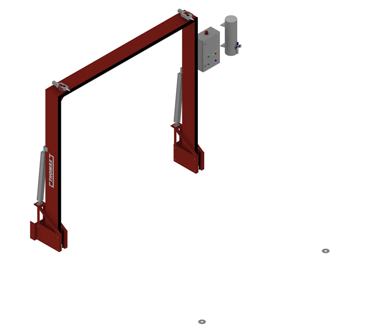 Automatiska släckvattenbarriärer Thomas Sys Tech FM Approved TÜV certifierad släckvattenbarriär brandsäker barriär kemikaliebeständig tätning PTFE PPA pulverlackerad RAL 3000 flammande röd korrosionsskydd elektropneumatisk styrning tryckluftslagring helautomatisk aktivering brandlarm potentialfri brytarkontakt optisk indikering grön röd akustisk varning nöddrift nödtillbrygga sänkta försäkringspremier FM Global VdS certifierad industriell barriär farligt gods lager logistikcenter lastkaj produktionsanläggni